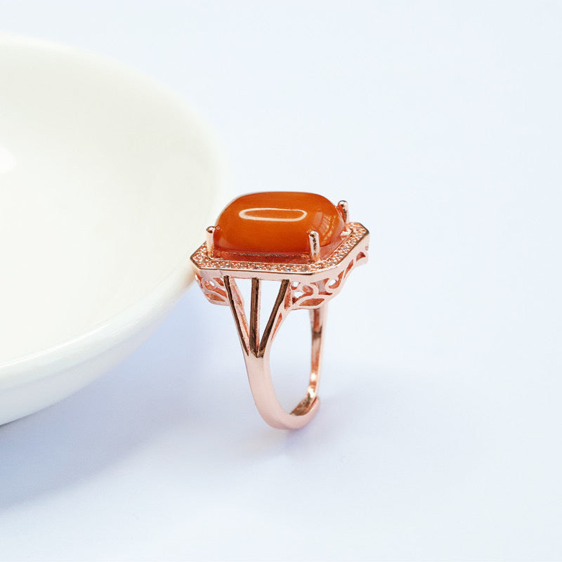 Natural Amber Enamel Pigeon Egg Squared Auspicious Ring