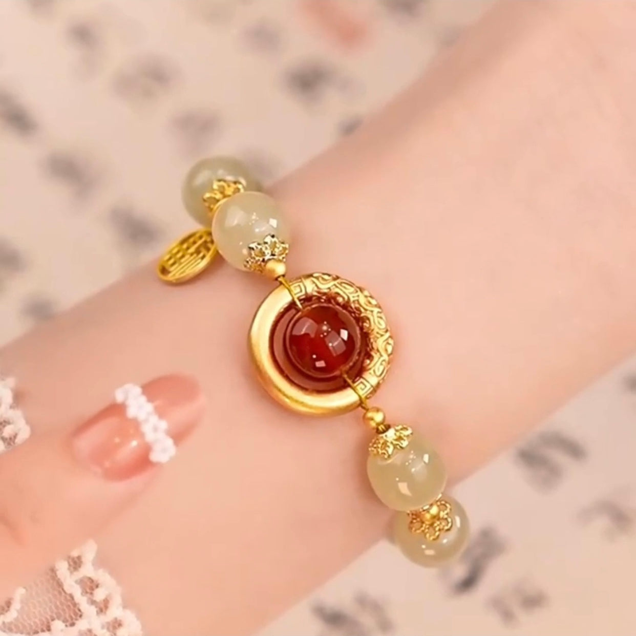 Natural Green Jade Dragon Pattern Lucky Bead Bracelet