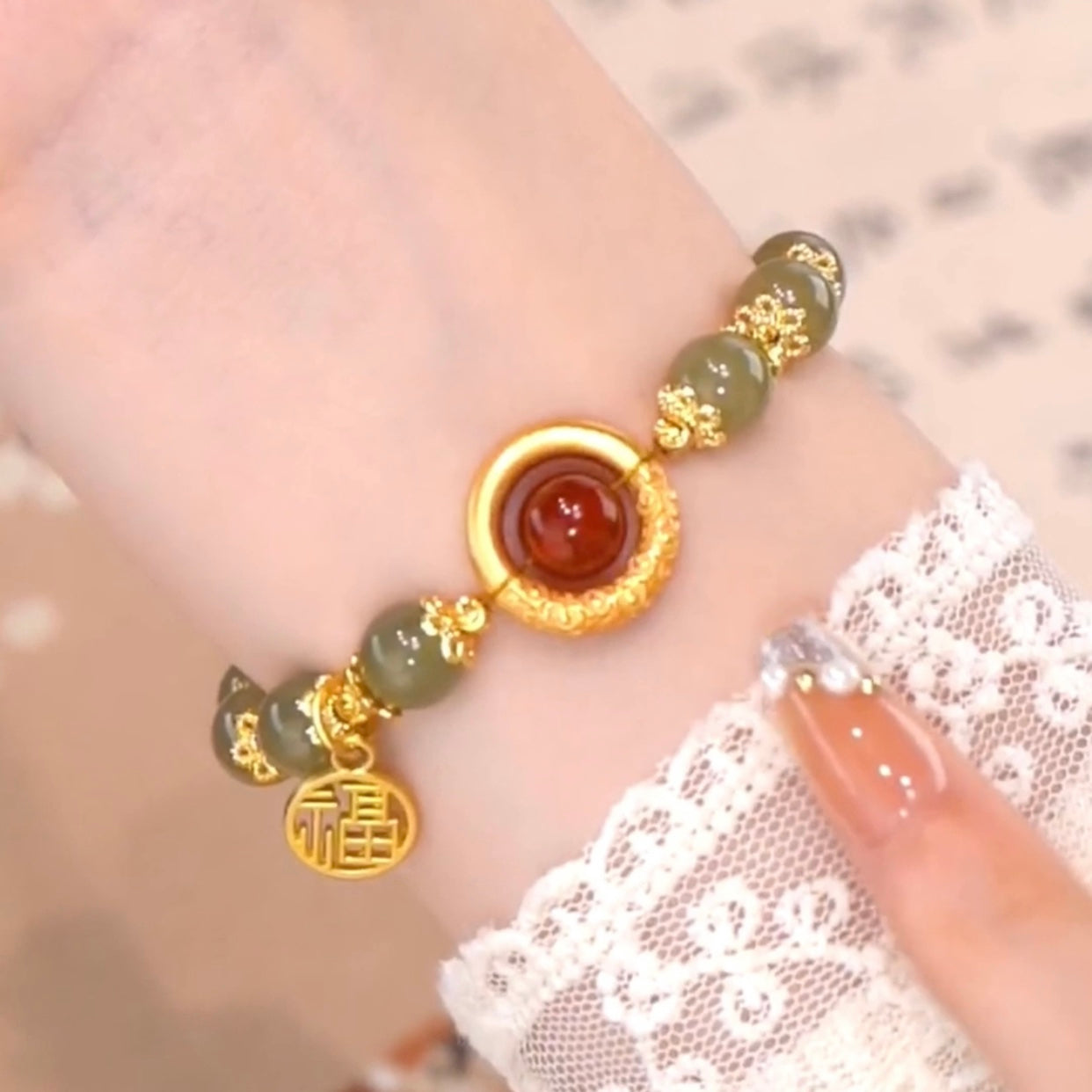 Natural Green Jade Dragon Pattern Lucky Bead Bracelet
