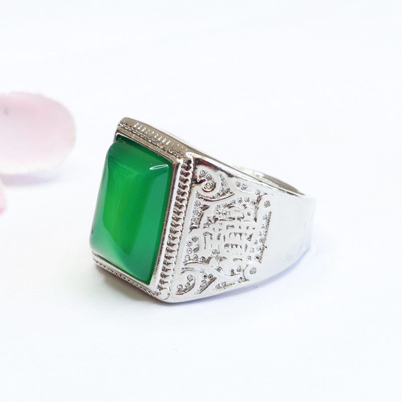 Natural Green Jade Feng Shui Squared Ring