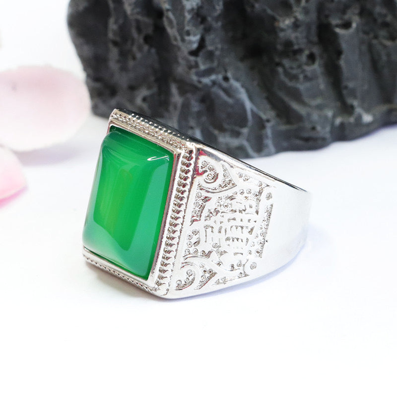 Natural Green Jade Feng Shui Squared Ring