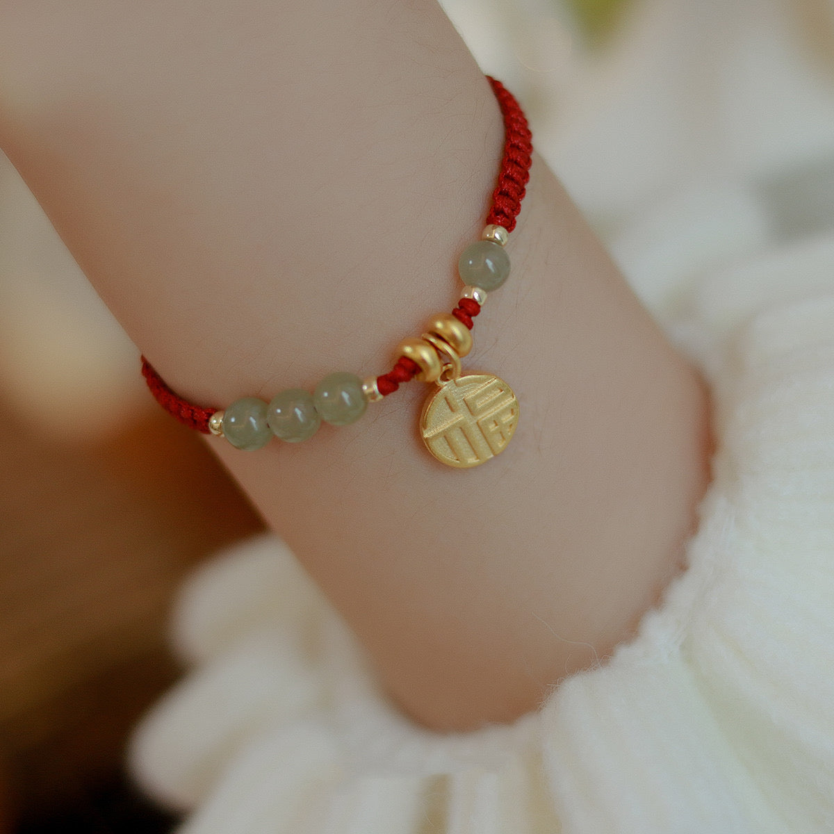 Natural Green Jade Red Rope Wealth Bracelet