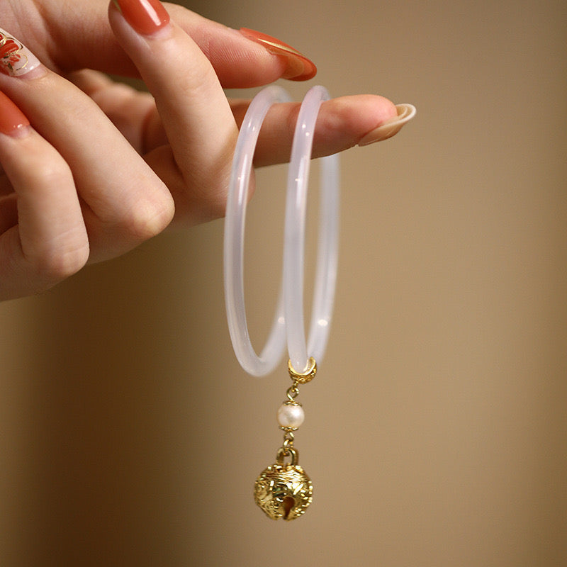 Natural White Jade Bell Double Bangle