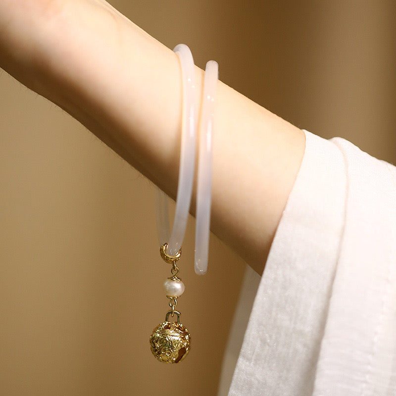 Natural White Jade Bell Double Bangle