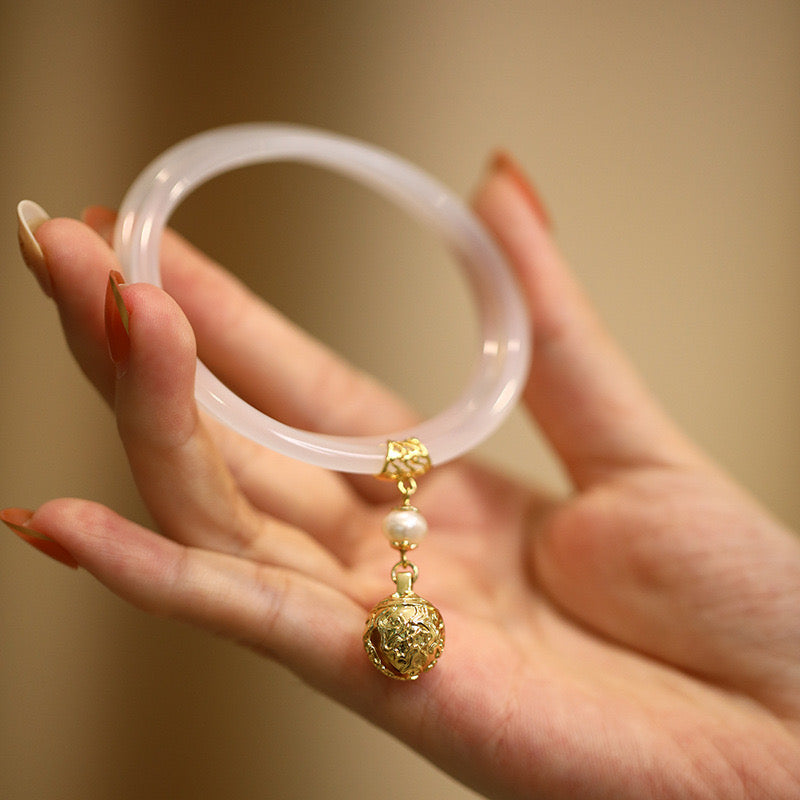 Natural White Jade Bell Double Bangle
