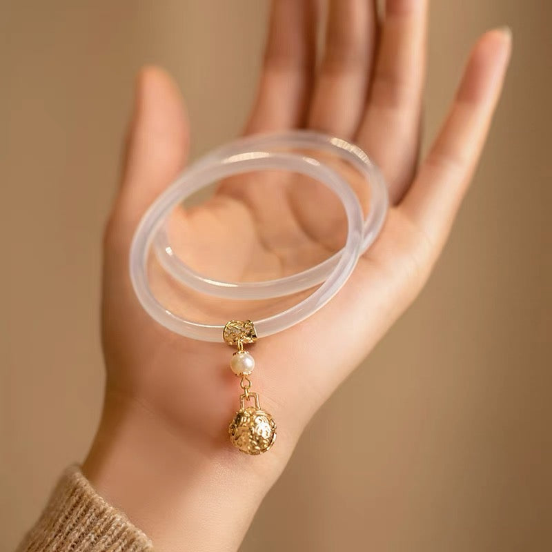 Natural White Jade Bell Double Bangle