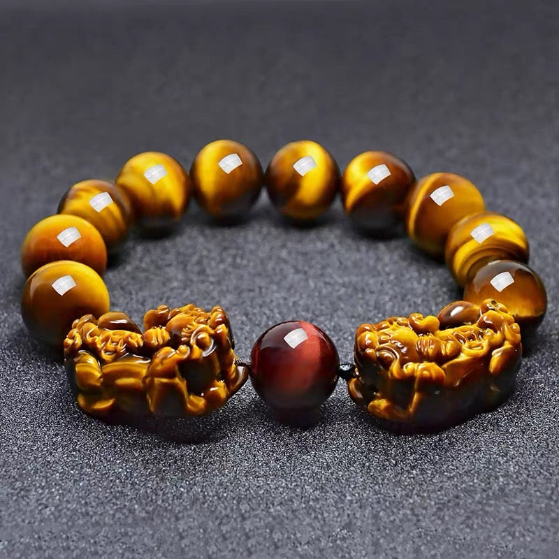 Natural Yellow Tiger Eye Double Pixiu Wealth Bracelet