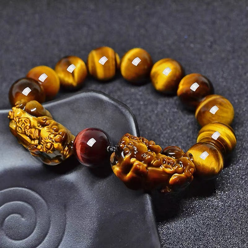 Natural Yellow Tiger Eye Double Pixiu Wealth Bracelet