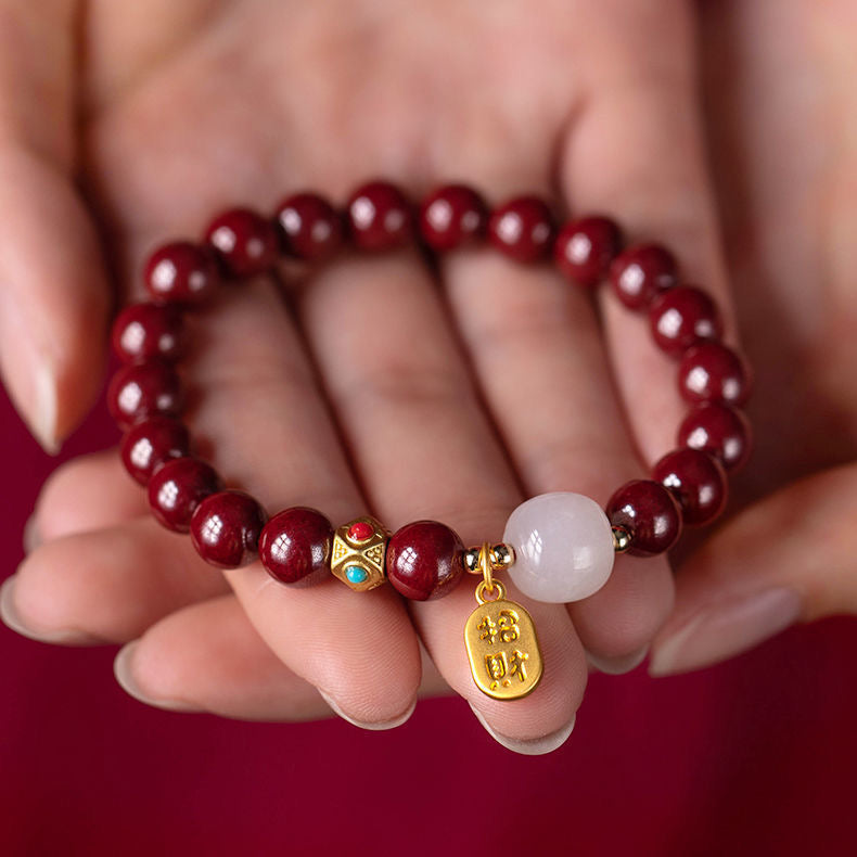 Natural Red Cinnabar Green Jade Bead Wealth Bracelet