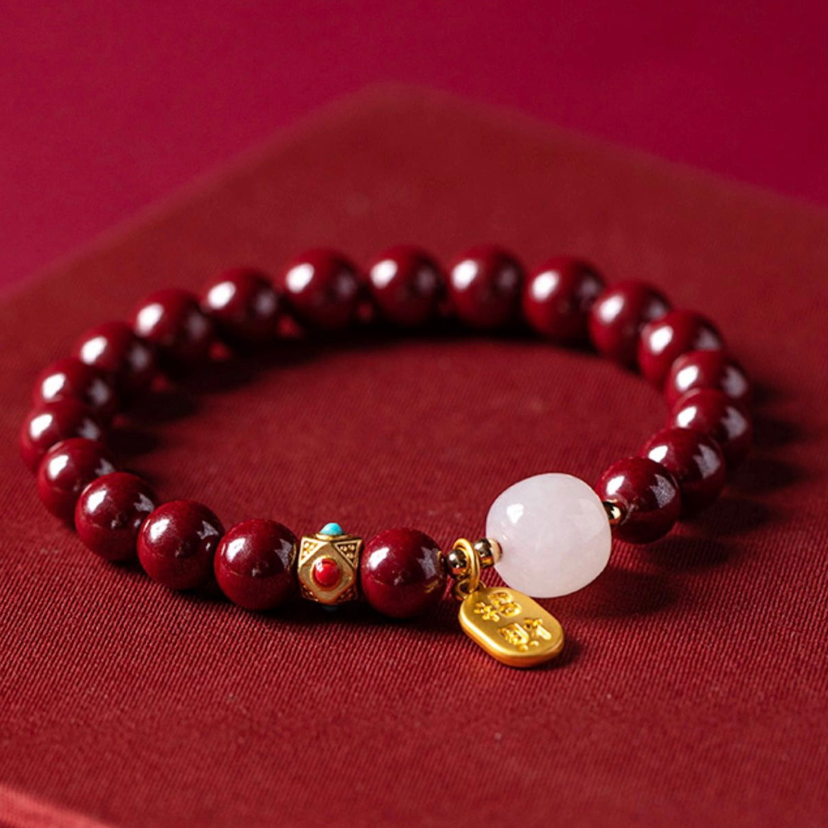 Natural Red Cinnabar Green Jade Bead Wealth Bracelet