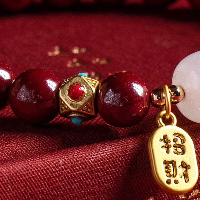 Natural Red Cinnabar Green Jade Bead Wealth Bracelet
