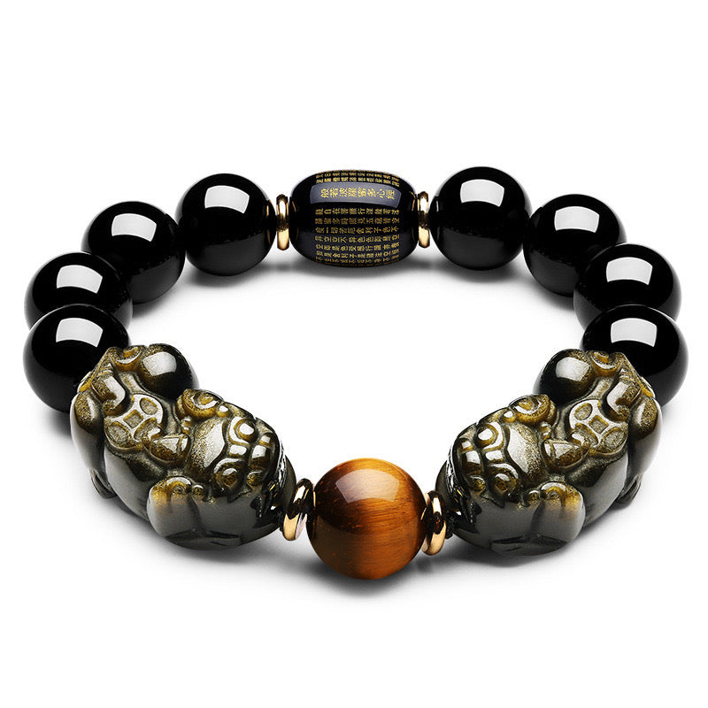Black Obsidian Heart Sutra Bucket Bead Double Pixiu Bracelet