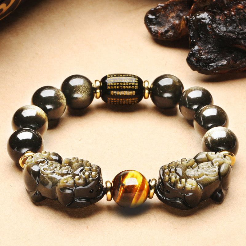Black Obsidian Heart Sutra Bucket Bead Double Pixiu Bracelet