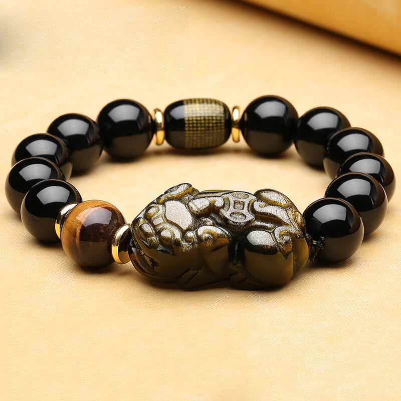 Black Obsidian Heart Sutra Bucket Bead Double Pixiu Bracelet