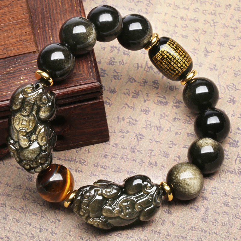 Black Obsidian Heart Sutra Bucket Bead Double Pixiu Bracelet