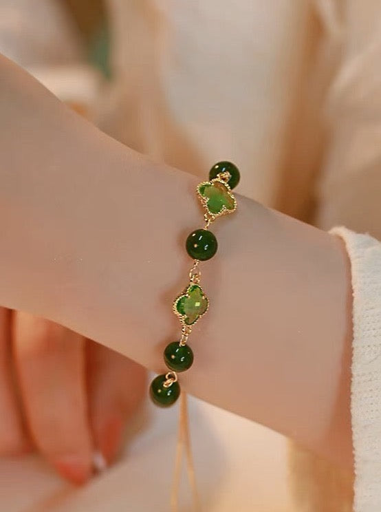 Lucky Clover Natural Green Jade Bracelet
