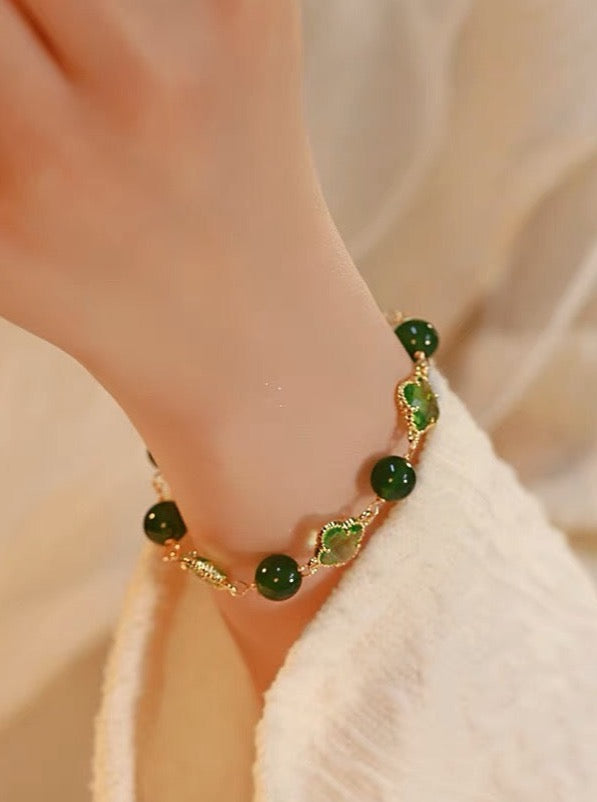 Lucky Clover Natural Green Jade Bracelet