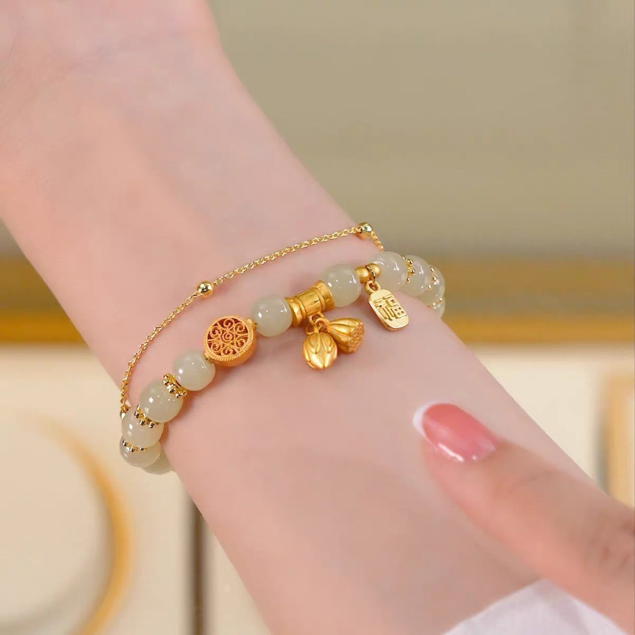 Natural Hetian Jade Lotus Double Layer Bracelet