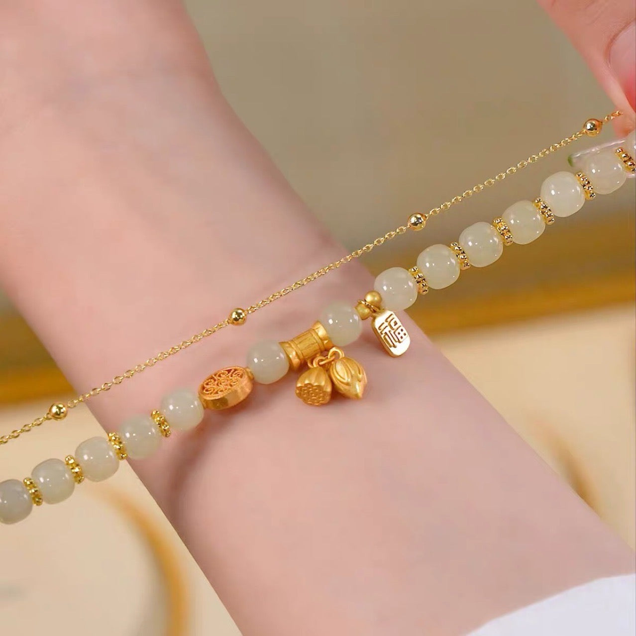 Natural Hetian Jade Lotus Double Layer Bracelet