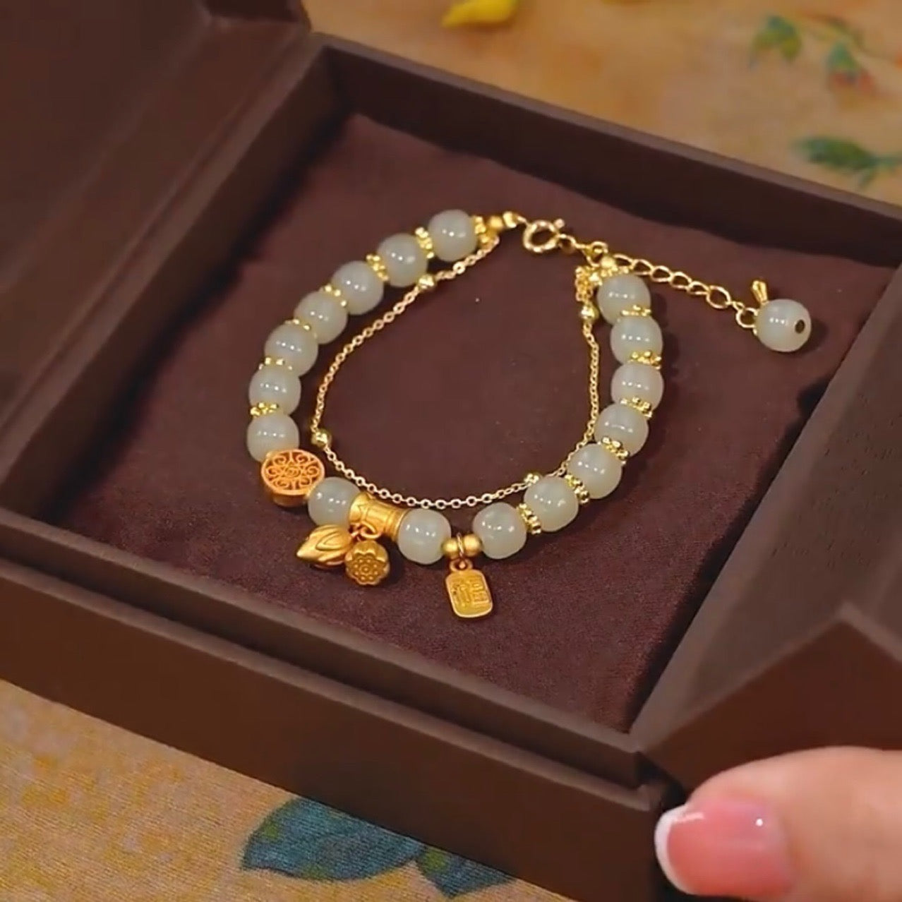 Natural Hetian Jade Lotus Double Layer Bracelet