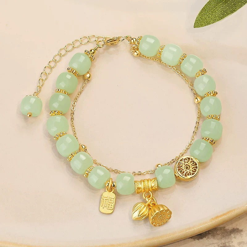 Natural Hetian Jade Lotus Double Layer Bracelet
