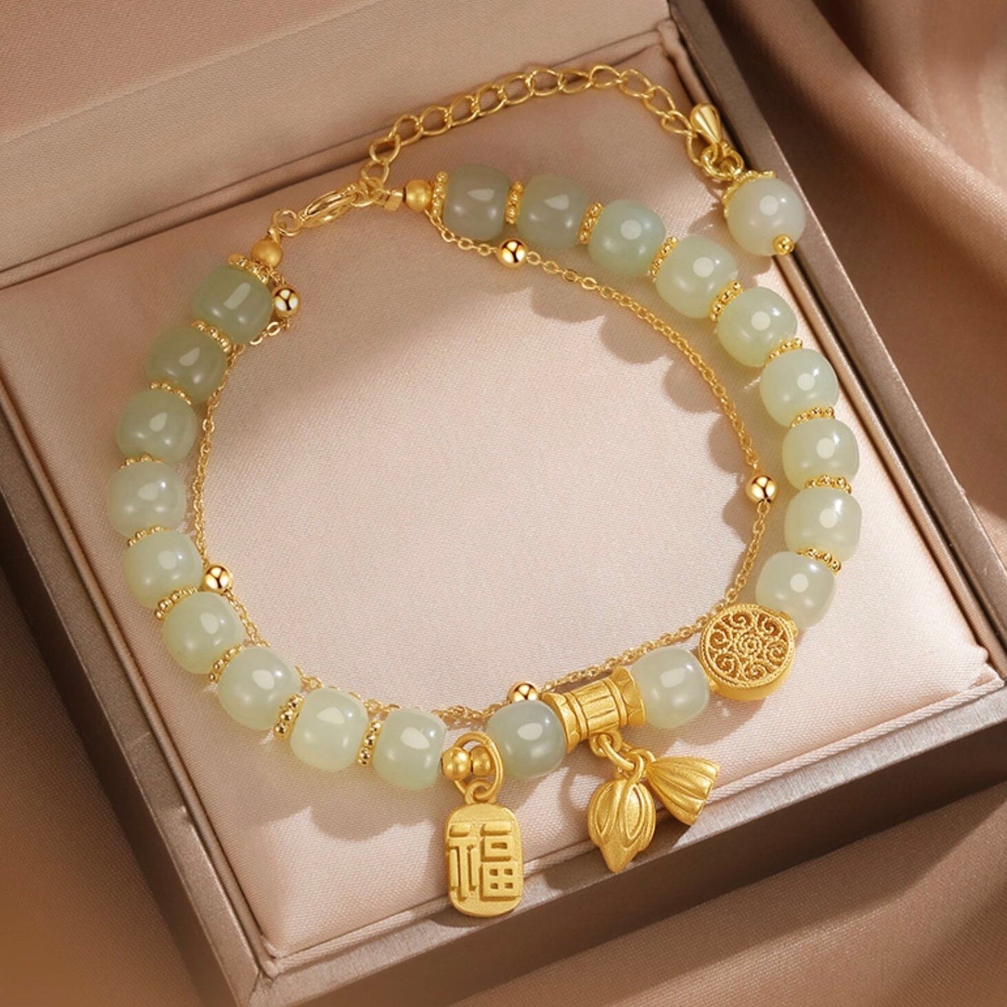 Natural Hetian Jade Lotus Double Layer Bracelet