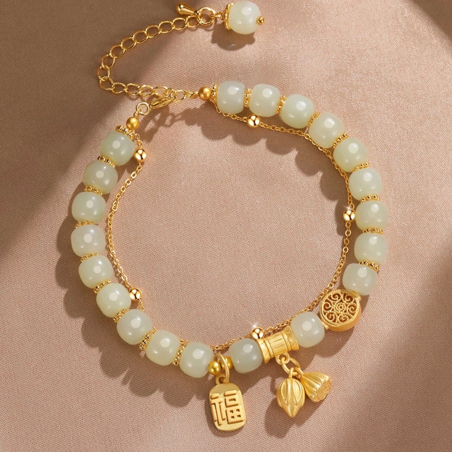 Natural Hetian Jade Lotus Double Layer Bracelet