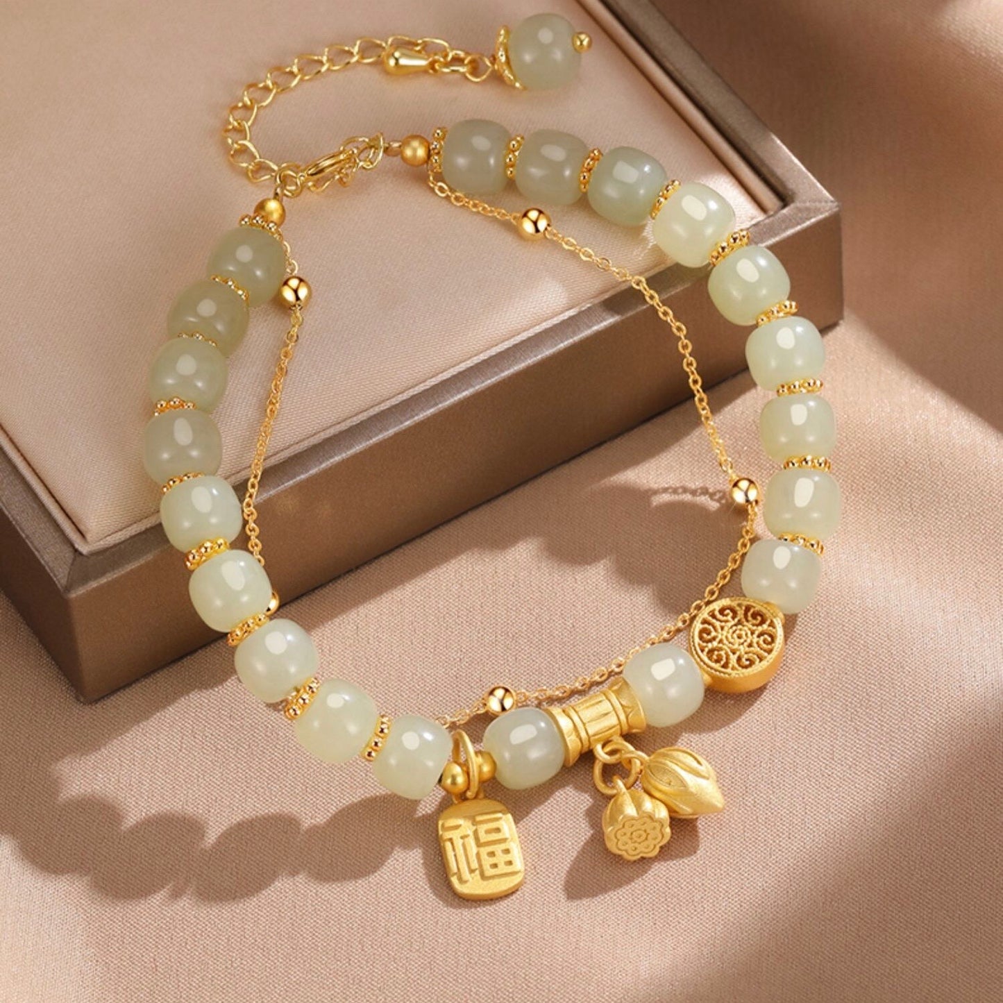 Natural Hetian Jade Lotus Double Layer Bracelet