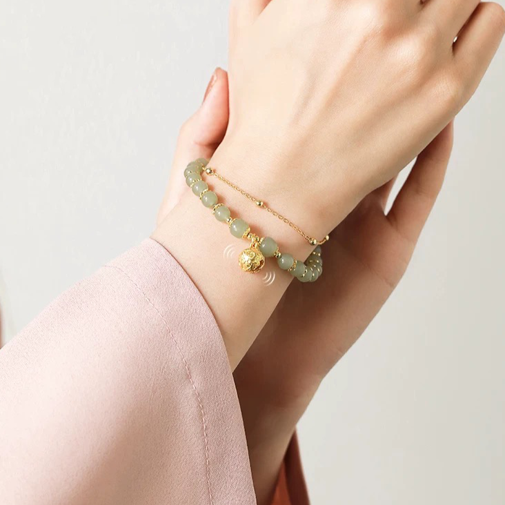 Natural Green Jade Luck and Protection Bell Bracelet