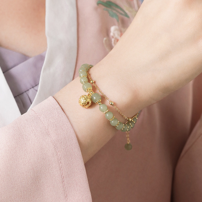 Natural Green Jade Luck and Protection Bell Bracelet