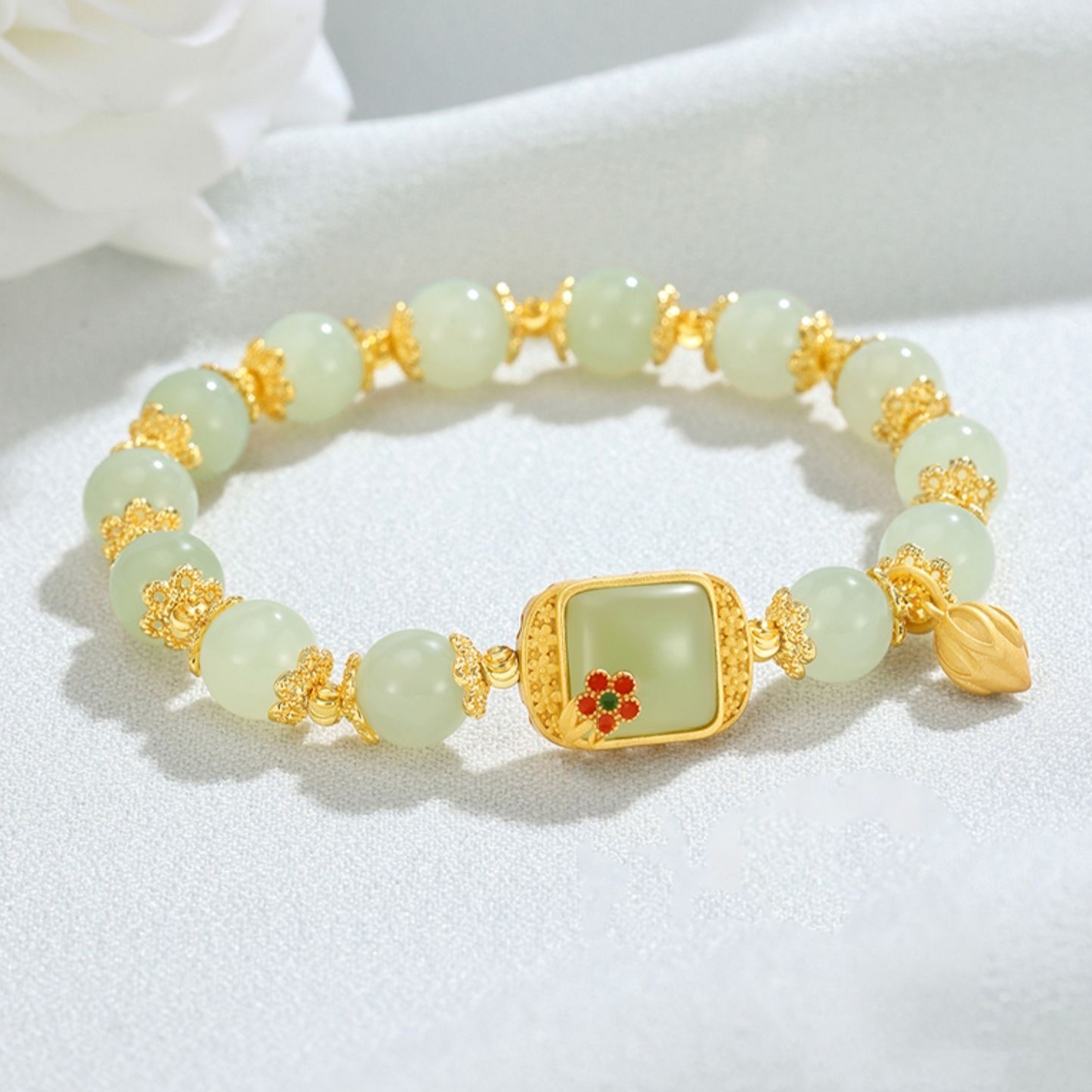 Natural Hetian Green Jade Auspicious Feng Shui Flower Wealth Bracelet