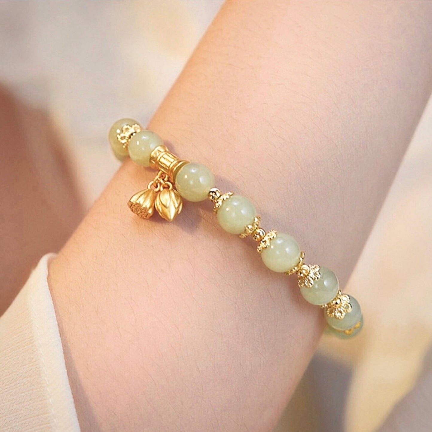 Natural Green Jade Lucky Lotus Bracelet