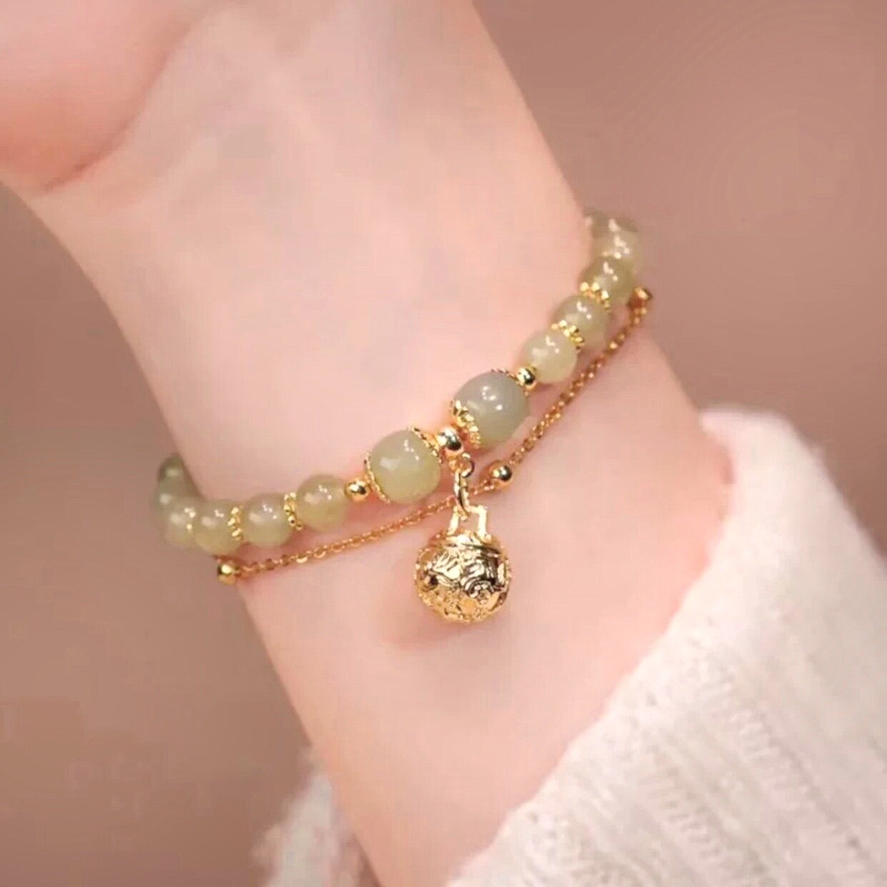 Natural Green Jade Luck and Protection Bell Bracelet