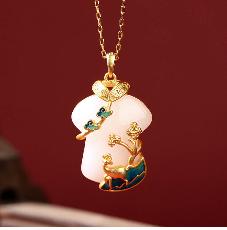 Feng Shui Auspicious Clouds Cheongsam White Jade Necklace