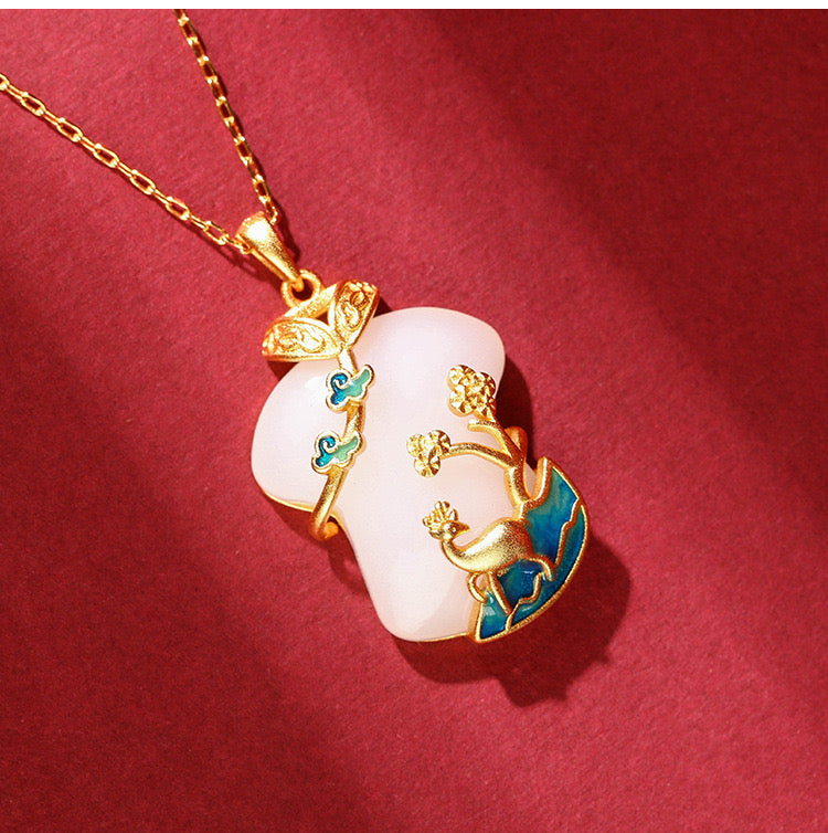 Feng Shui Auspicious Clouds Cheongsam White Jade Necklace