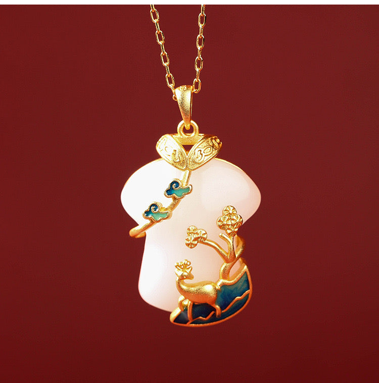 Feng Shui Auspicious Clouds Cheongsam White Jade Necklace