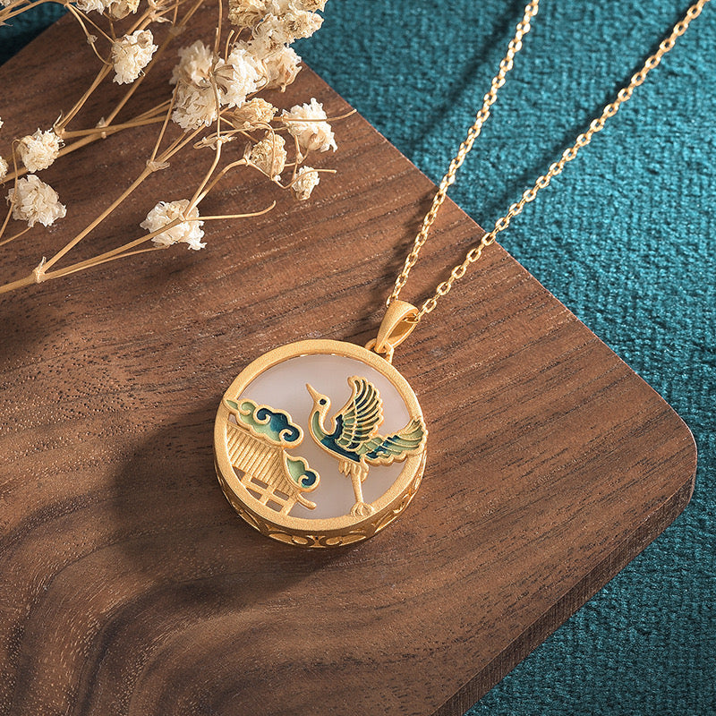 Feng Shui Enamel Crane & cloud Jade Necklace