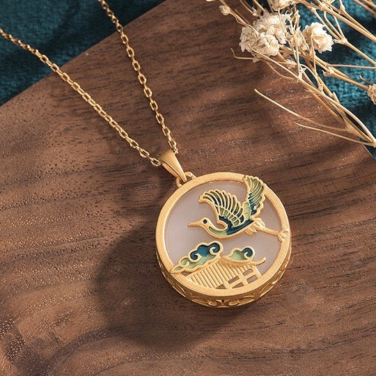 Feng Shui Enamel Crane & cloud Jade Necklace