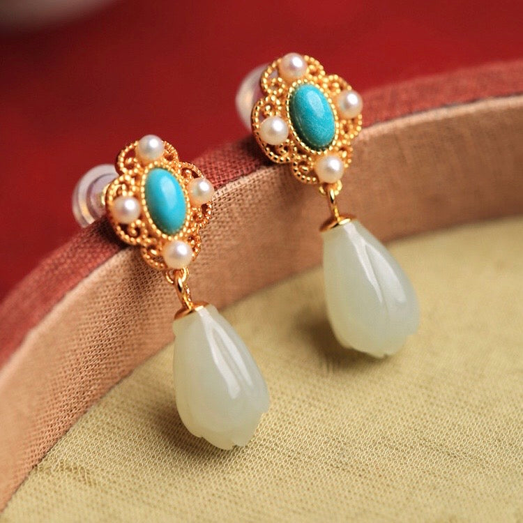 Feng Shui Magnolia Turquoise White Jade Earrings