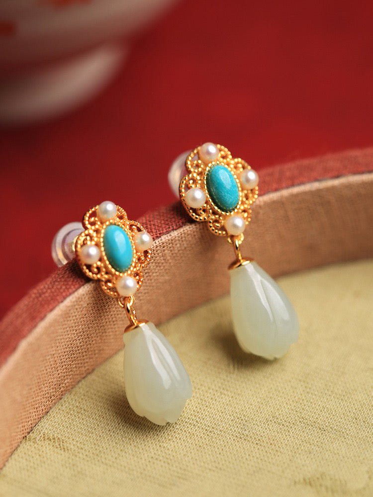 Feng Shui Magnolia Turquoise White Jade Earrings