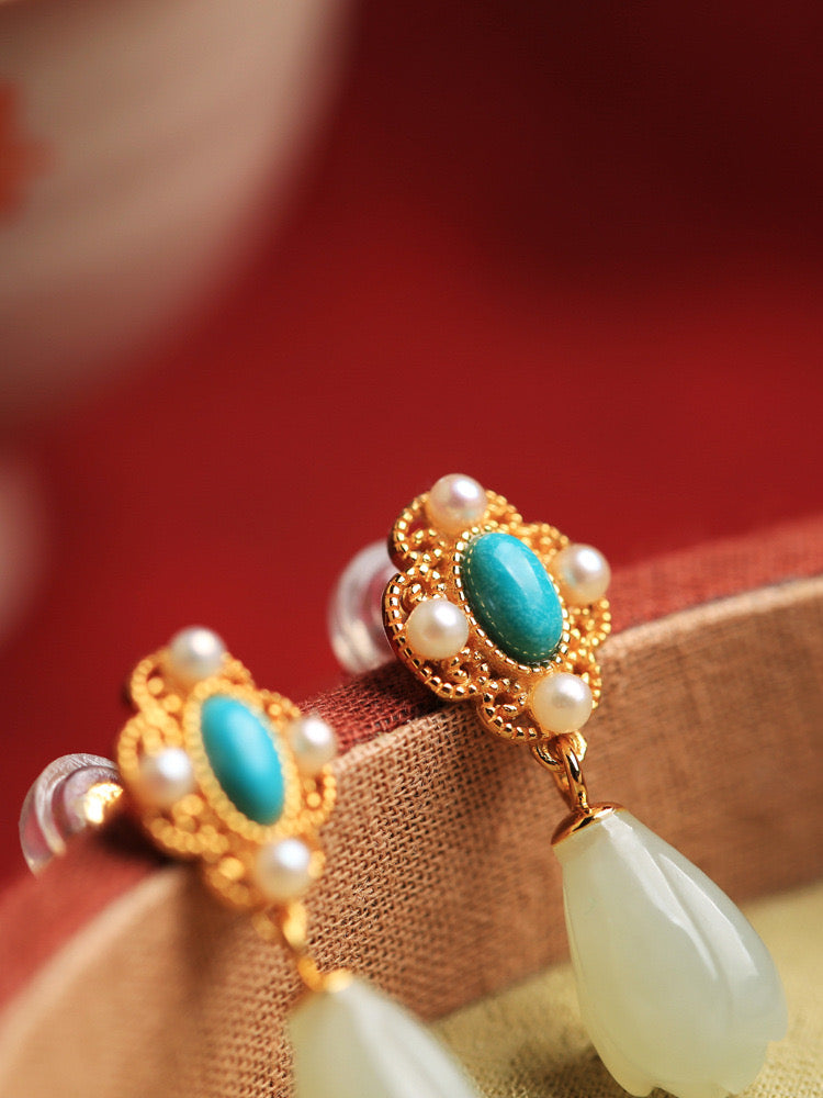 Feng Shui Magnolia Turquoise White Jade Earrings