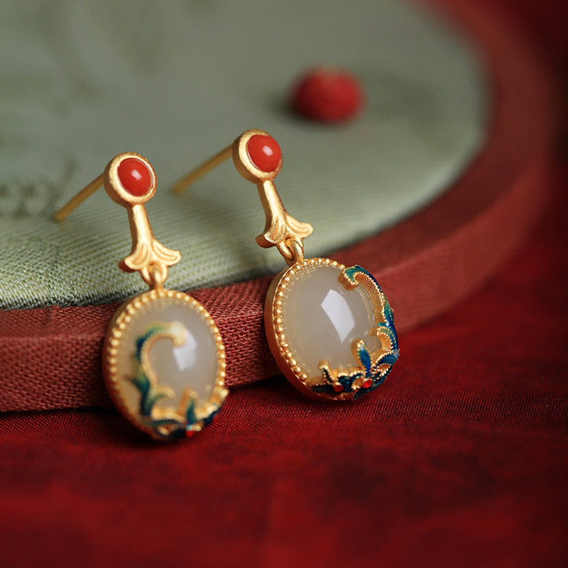 Feng Shui Enamel Flower Hetian Jade Earrings