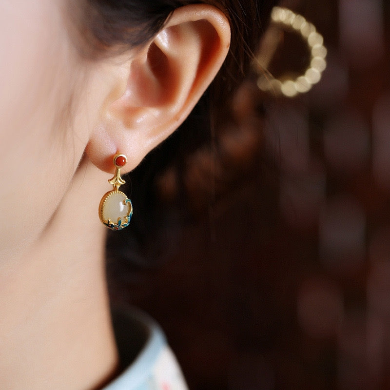 Feng Shui Enamel Flower Hetian Jade Earrings