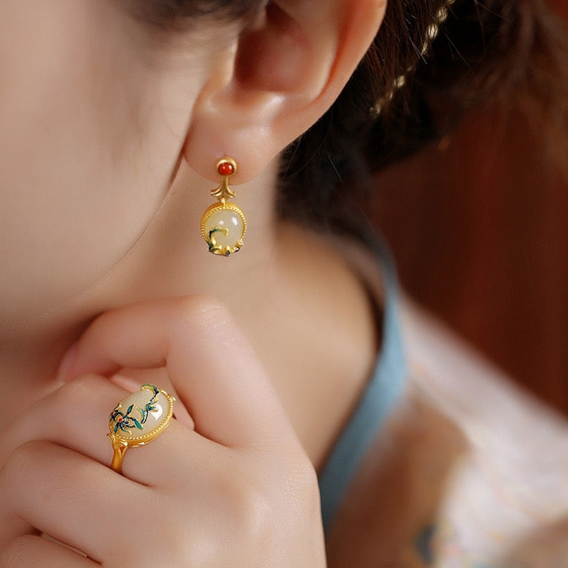 Feng Shui Enamel Flower Hetian Jade Earrings