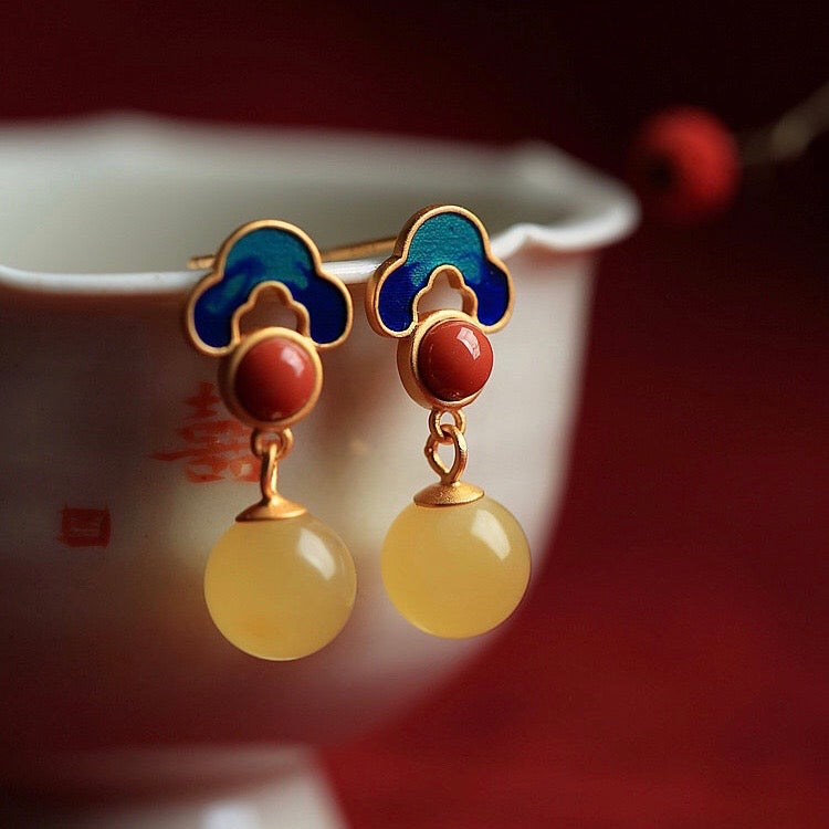 Feng Shui Enamel Amber Stud Earrings