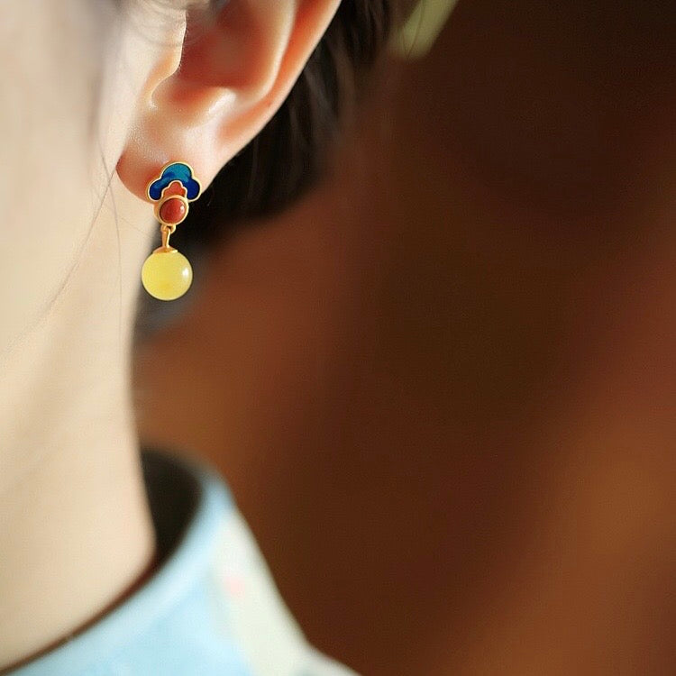 Feng Shui Enamel Amber Stud Earrings