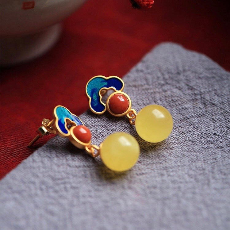 Feng Shui Enamel Amber Stud Earrings