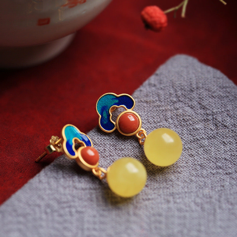 Feng Shui Enamel Amber Stud Earrings