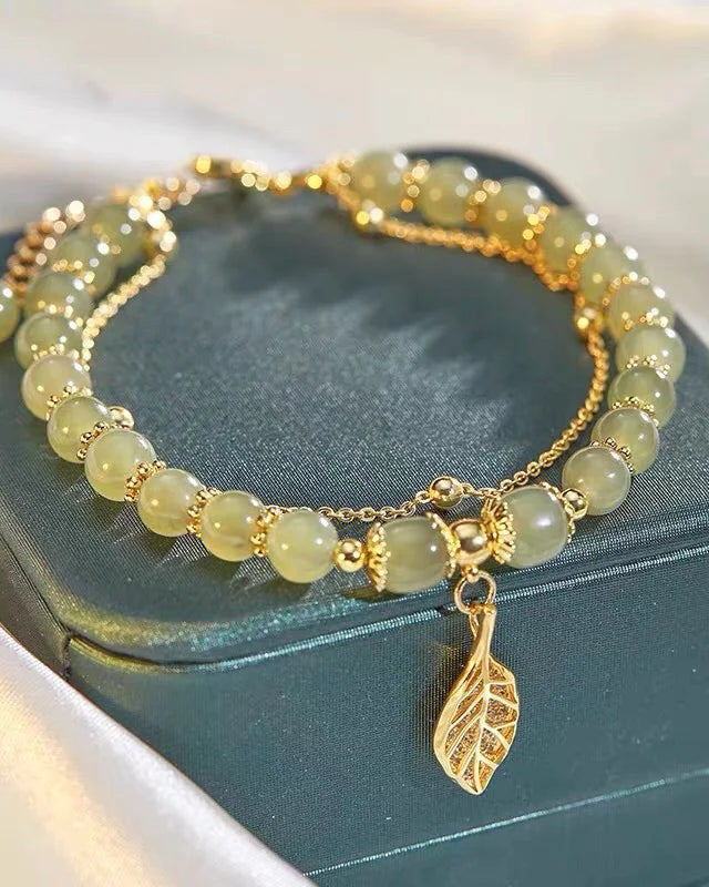Natural Hetian Jade Feng Shui Wealth Leaf Bracelet