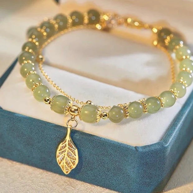 Natural Hetian Jade Feng Shui Wealth Leaf Bracelet